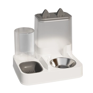 Automatic pet feeder and waterer set with stainless steel bowl and transparent tank