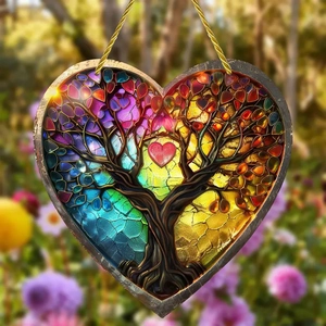 Close-up of heart-shaped acrylic suncatcher with colorful tree of life design for garden