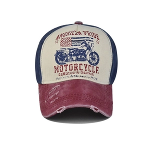 Distressed American Pride motorcycle baseball cap with red, white and blue contrast panels