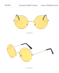 Front and 45-degree side view of retro round sunglasses with gold metal frames and yellow lenses