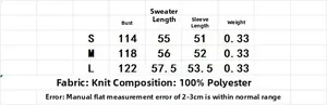 Detailed size chart for oversized knit sweater showing S, M, L dimensions and 100% polyester