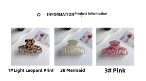 Detailed macro view of acetate hair claws in leopard, mermaid pearl and marble textures