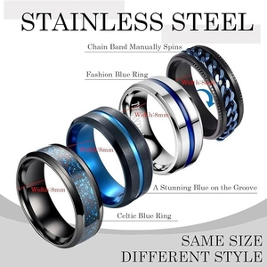 Set of four 8mm titanium steel rings in blue black and silver with spinning chain designs