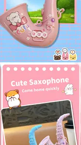 Close-up detail of a pink saxophone shaped keychain featuring a cute bear sticker and pastel colors