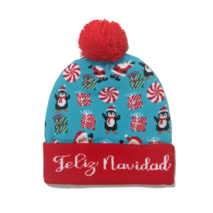 Detailed blue Christmas knit hat with festive patterns and Feliz Navidad embroidery