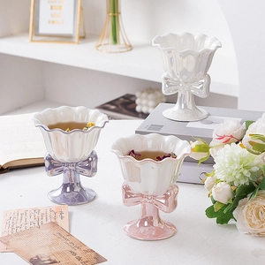 Ceramic Bow Goblet Ice Cream Cup Artificial Pearl Glaze Scalloped Rim Dessert Bowl Delicate Aesthetic Elegant Tableware