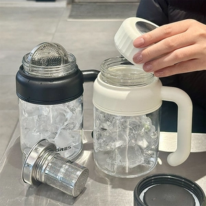 Minimalist high borosilicate glass tea cup with stainless steel infuser and handle