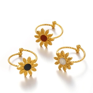 Set di tre anelli a forma di girasole in acciaio inossidabile placcato oro 18K con pietre