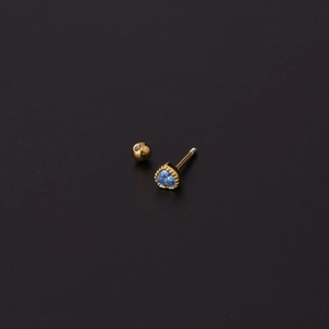 Mini heart-shaped gold stud earring with sky blue zircon and screw ball back closure