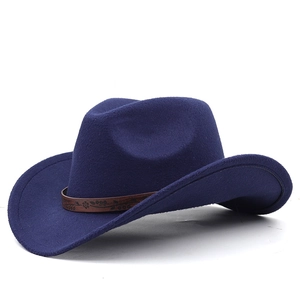 Classic navy blue wool felt western cowboy hat with embossed brown leather band and curved brim