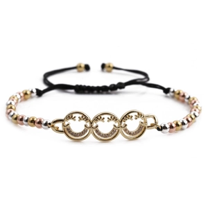 Verstellbares gewebtes Armband mit vergoldeten Metallperlen und Zirkon-Smiley-Anhängern