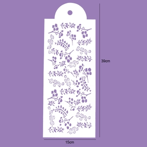 Macro detail of 39x15cm floral cake stencil with purple floral patterns and hanging hole