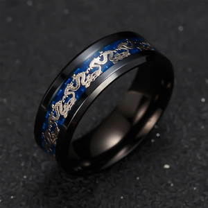 Men's black stainless steel ring featuring a blue carbon fiber base and gold dragon pattern