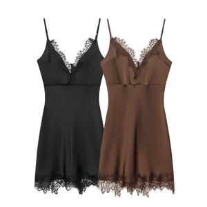 Damen Sexy Satin Slip Kleid Spitze Patchwork V-Ausschnitt Ärmellos Hohe Taille Bodycon Minikleid Für Party Abend Lässig