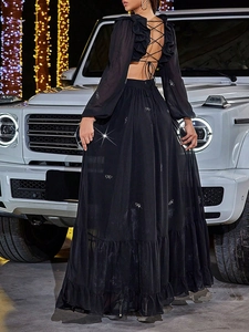 Elegant black chiffon long sleeve maxi dress with backless lace-up and butterfly sequins