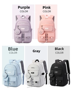 Detailed color chart for minimalist school backpacks in purple, pink, blue, gray, and black