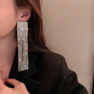 Macro detail of long silver fringe earrings with shimmering rhinestones on a model