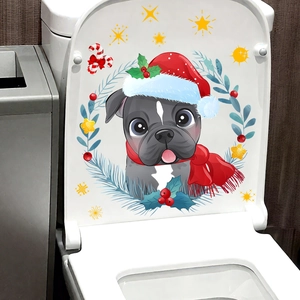 Close-up of Christmas French Bulldog toilet sticker with festive stars and candy canes