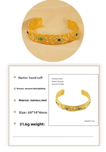 Detail view of gold stainless steel bangle with malachite evil eye and vintage texture