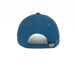 Detail view of the back of a navy cotton baseball cap with adjustable metal buckle