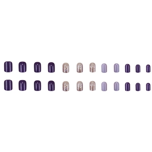 Sparkly purple press-on nails with glitter sequins and stars on a white background