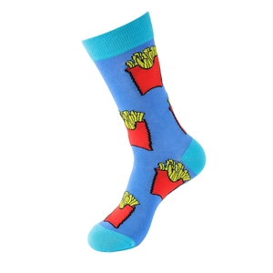 Detail of blue cotton-blend socks featuring a vivid cartoon french fries pattern print