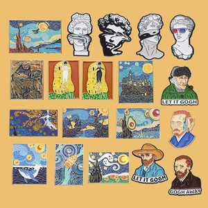 Artistic enamel pins set with Van Gogh Starry Night and creative geometric oil painting designs