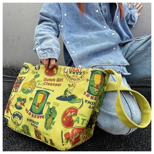 Close-up of vintage American advertisement print on lime green canvas tote bag