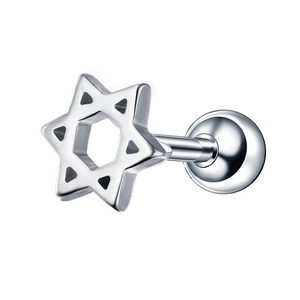 Polished silver stainless steel hexagram stud earring with a secure screw ball back design
