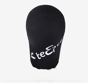 Close-up of black cotton baseball cap with white SteEp embroidery and distressed brim details