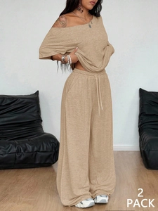 Women's 2-piece lounge set with khaki wide leg pants and matching loose top view