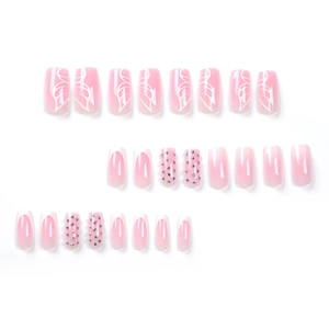 Pink French ombre press on nails set with 24 pieces featuring rhinestones and butterfly patterns
