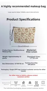 Linen makeup bag detail with bear prints, size 17x25cm and washing instructions