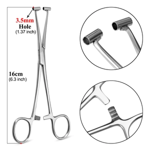 Dettaglio della pinza per piercing da 16 cm in acciaio inossidabile con foro da 3,5 mm e blocco