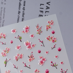 5D Relief-Nagelaufkleber mit Kirschblütenmotiven in Rosa und Weiß für edles Nageldesign