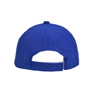 Detail view of the breathable mesh holes and adjustable strap on the blue sun hat back