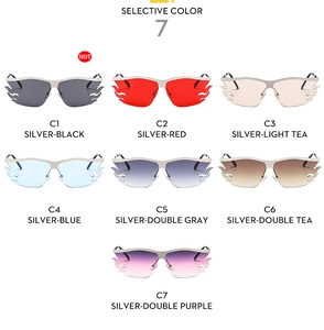 Detailed grid view showing 7 vibrant lens color options for flame-shaped frameless sunglasses