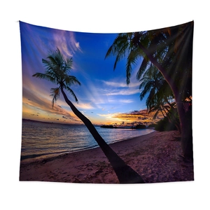 Détail de la tapisserie bohème avec plage tropicale au coucher du soleil et palmiers