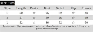 Detailed size information chart for off-shoulder long sleeve waist-cinching T-shirt top