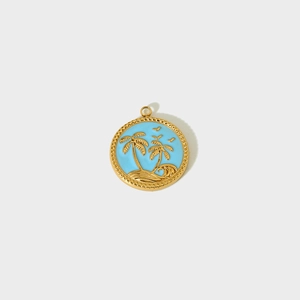 Gold-plated stainless steel palm tree pendant with blue enamel for DIY jewelry making