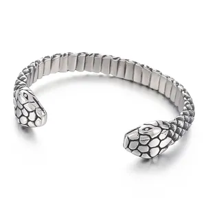 Stainless Steel Double Snake Head Open Bangle Retro Vintage Punk Hip Hop Adjustable Cuff Bracelet Unisex Jewelry