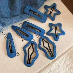 Denim Fabric Hair Clips Star Square Water Drop Irregular Shapes Metal BB Duckbill Pins Retro Blue Accessories Women