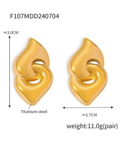 Detail view of 18k gold-plated geometric titanium steel earrings showing size measurements