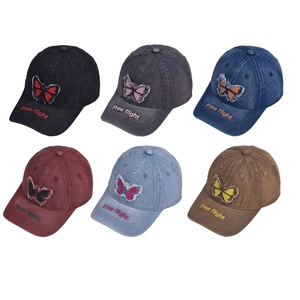 Distressed washed denim baseball caps with butterfly patch in six vintage colors