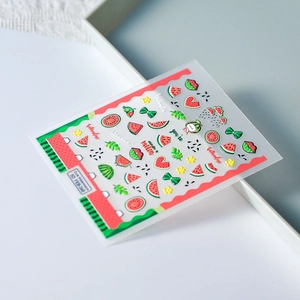 Detailed 5D embossed nail stickers featuring red watermelon and cute summer patterns