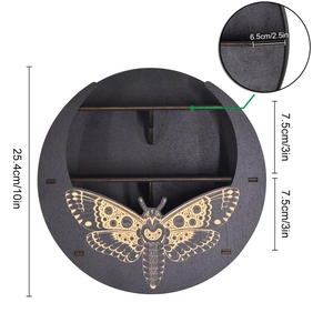 Detailed size chart of a 10-inch round boho wooden shelf with moth engraving and two tiers