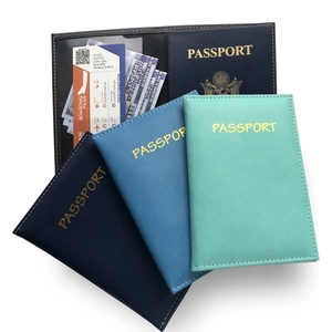Slim PU leather passport holders in navy blue, blue and mint green on white background