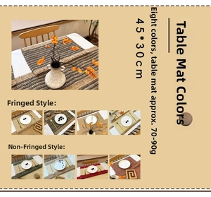 Detail view of woven paper rope placemats in multiple colors with tassel options