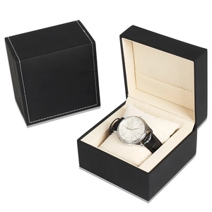 Premium black leather watch box with beige lining in both open and closed views