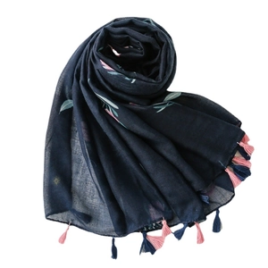 Navy blue cotton linen scarf with floral leaf print and decorative pink fringe tassels